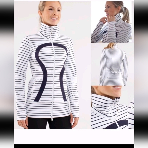 Lululemon Womens Blue And White Long Lenth High Neck Striped Stride Jacket 6 - Picture 2 of 15
